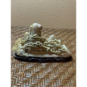 Vintage Chinese Soapstone Hand Carved Landscape Mountains Trees House